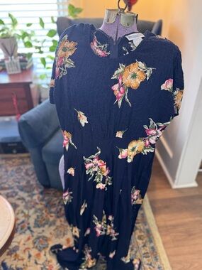 Vintage Navy Floral Rayon Jumpsuit with Multicolor Blooms, old rayon